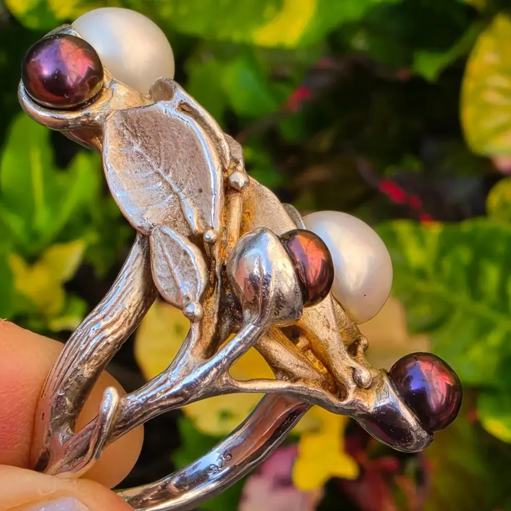 Vintage Sterling Silver Faux Pearl Botanical Statement Ring Sz 8.5